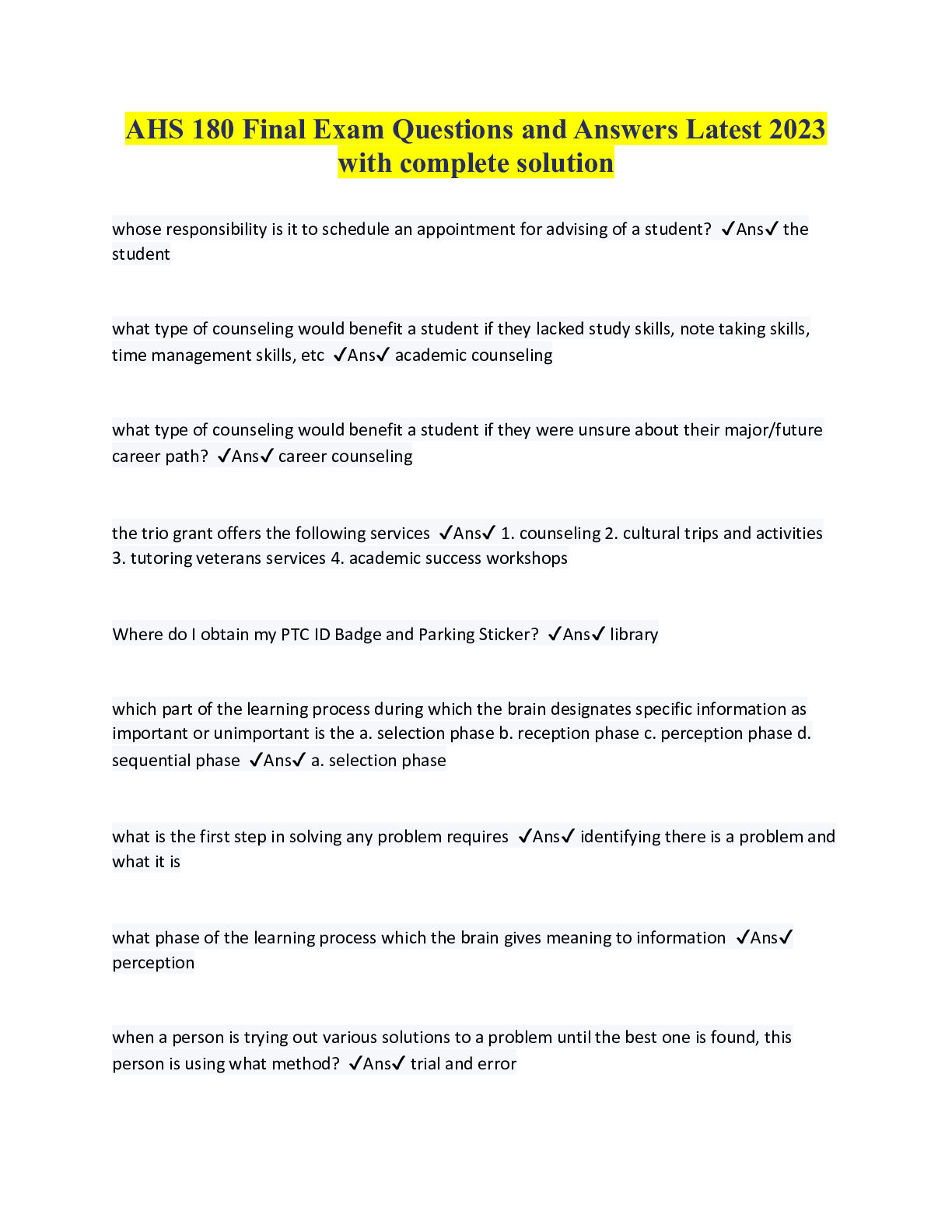 Preview image for AHS 180 Final Exam Questions and Answers Latest 2023 with complete solution